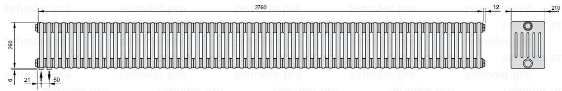 Схема (чертеж) Радиатор Zehnder Charleston 6026/60 №3370 Белый глянцевый RAL 9016